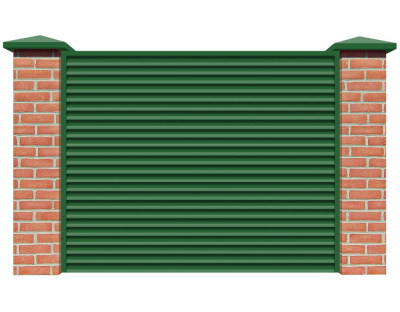 Секция забора жалюзи из ламелей Жалюзи ЭКО-Z RAL6002 Зеленый лист с кирпичными столбами анфас